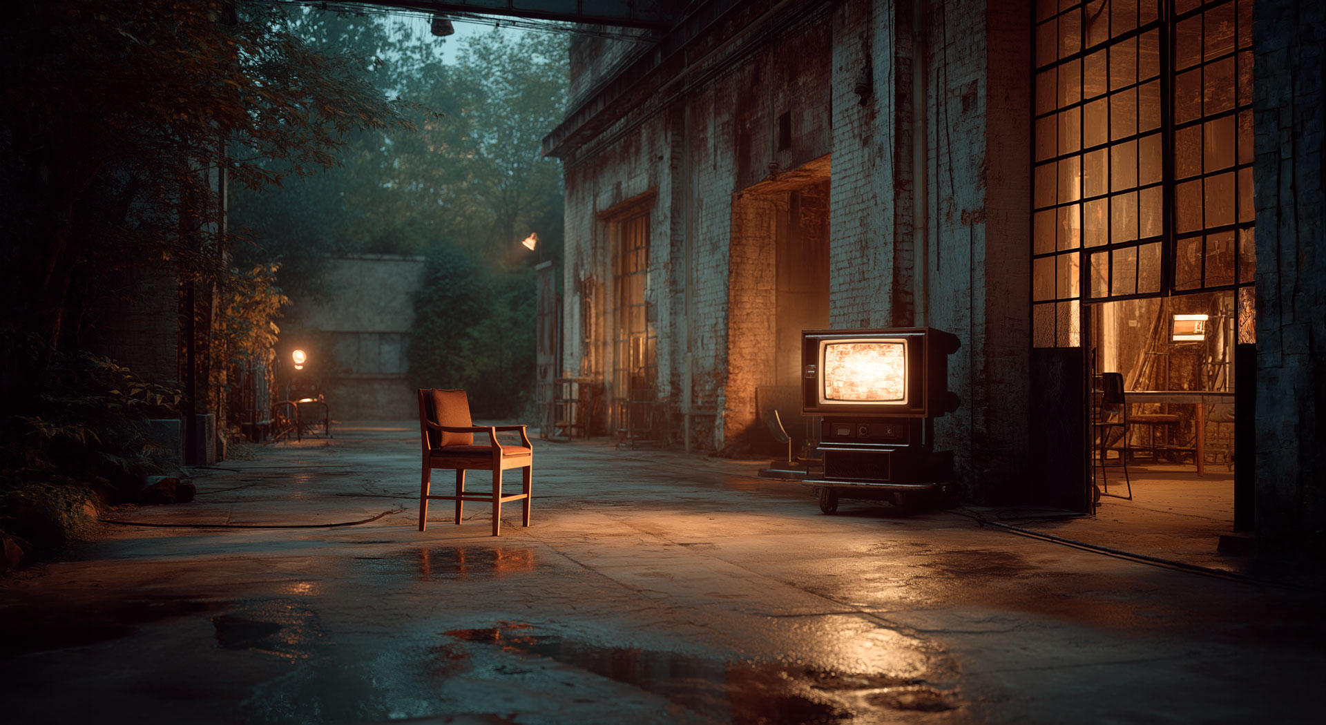 Espacio industrial iluminado con una silla y una pantalla